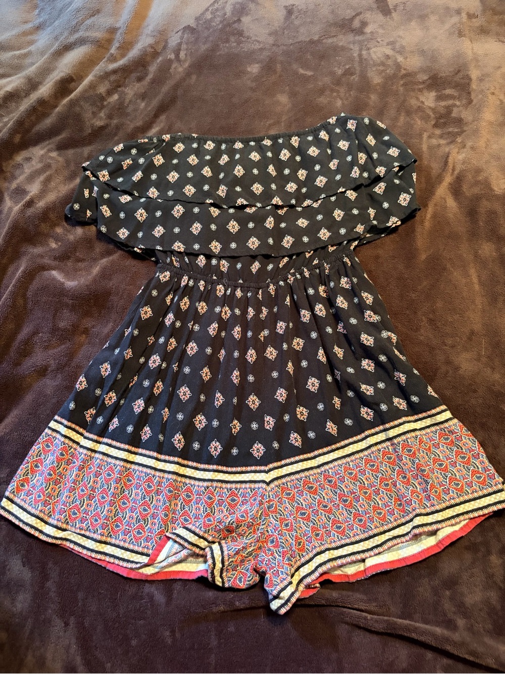 Hollister Black Off-Shoulder Printed Romper with Multicolor Border